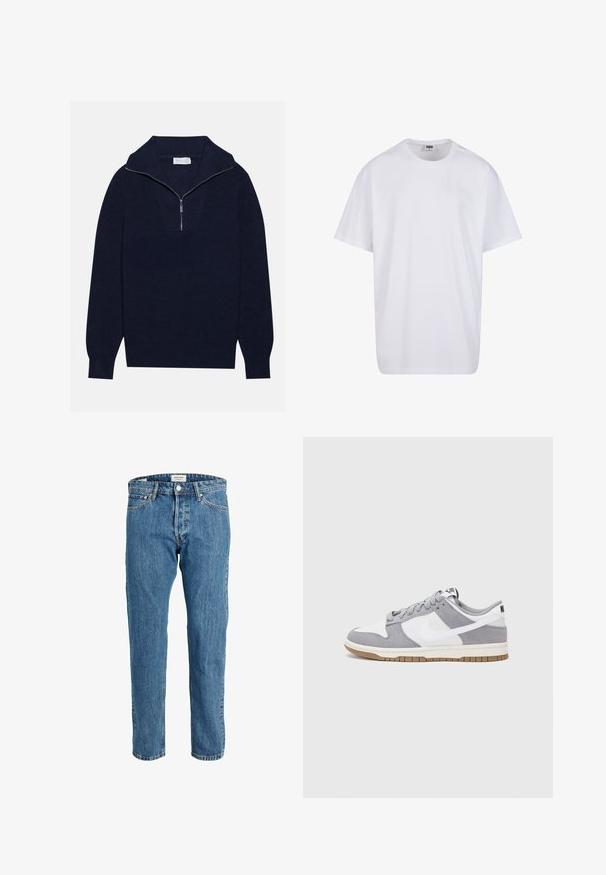 Pulover tricotat de culoare albastru marin, cu guler cu jumătate de fermoar, având o textură ribbed și un design în formă de V pe față. Mâneci lungi și tiv ajustat.; Tricou alb din bumbac cu mâneci scurte, decolteu rotund, croială lejeră și fără logo-uri sau modele vizibile. Textură netedă și design minimalist.; Jeans din denim de un albastru deschis, cu o croială dreaptă, având buzunare frontale și cusături în contrast. Betelia include un sistem de închidere cu nasture.; Sneaker gri și alb, cu un superior din suede și piele, vârf rotund, șireturi plate și o talpă din cauciuc ce prezintă un accent de culoare gum.