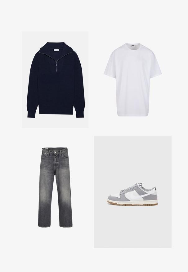 Námorně modrý pletený svetr s polo zipem na límci, s vroubkovanou texturou a V-šikmým designem na přední straně. Dlouhé rukávy a přiléhavý lem.; Bílé triko z bavlny s krátkým rukávem, kulatým výstřihem, volným střihem a bez viditelných log či vzorů. Hladká textura a minimalistický design.; Džínové kalhoty v bledě černé barvě, s přímým střihem, pěti kapsami a kovovým zapínáním na knoflík v pase.; Tenisky Nike mají šedý semišový a bílý kožený svršek s perforacemi, kulaté tkaničky a gumovou podrážku pro lepší trakci.