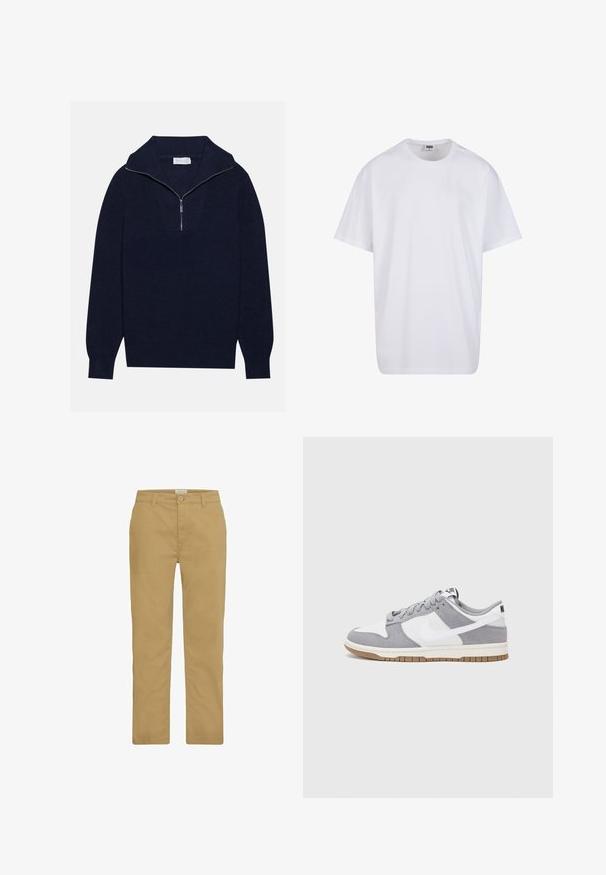 Maglione a maglia blu navy con colletto a mezza zip, caratterizzato da una texture a coste e un design a forma di V nella parte anteriore. Maniche lunghe e orlo aderente.; Maglietta bianca in cotone con maniche corte, scollatura rotonda, vestibilità comoda e senza loghi o motivi visibili. Texture liscia e design minimale.; Chinos color khaki realizzati in cotone, caratterizzati da un design a gamba dritta, chiusura con bottone e classico stile a quattro tasche. Texture liscia e cuciture minime.; Sneaker grigia e bianca con tomaia in suede e pelle, punta arrotondata, lacci piatti e soletta in gomma con un accento color caramello.