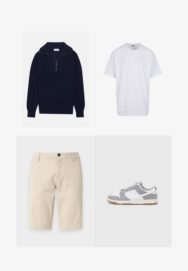 Marineblauwe gebreide trui met een halve ritssluiting, voorzien van een ribbelstructuur en een V-vormig ontwerp op de voorkant. Lange mouwen en een aansluitende zoom.; Witte katoenen t-shirt met korte mouwen, ronde hals, relaxte pasvorm en zonder zichtbare logo's of patronen. Gladde textuur en minimalistisch ontwerp.; Beige shorts van lichtgewicht stof, met een vlakke voorkant, een enkele knoopsluiting en twee zijzakken; gladde textuur.; Nike sneakers hebben een bovenzijde van grijs suède en wit leer met perforaties, ronde veters en een gum zool voor grip.