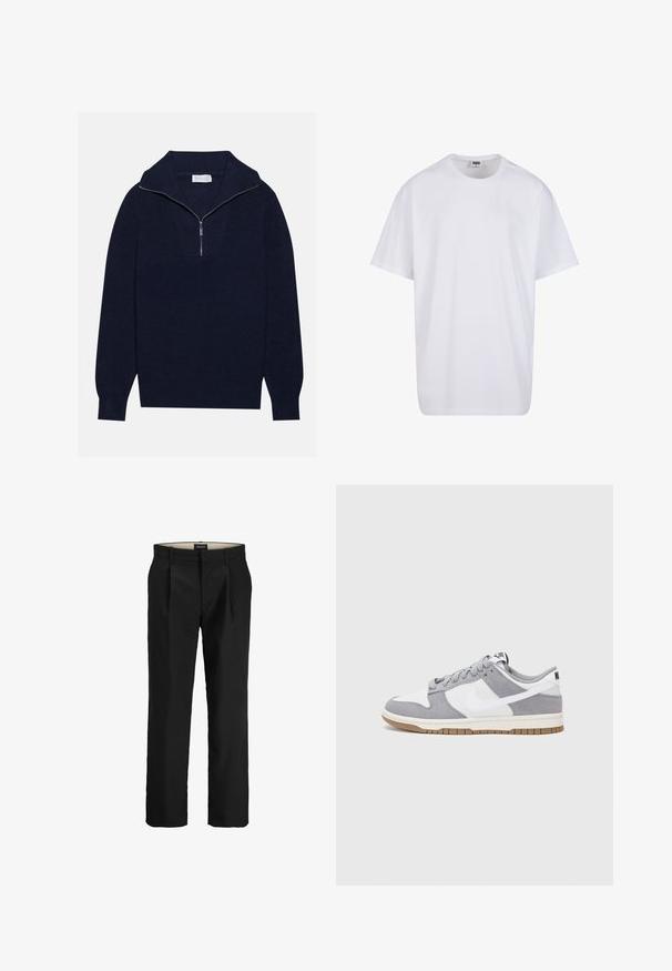 Dunkelblaues Strickpullover mit einem halben Reißverschluss-Kragen, der eine gerippte Textur und ein V-förmiges Design auf der Vorderseite bietet. Lange Ärmel und taillierter Saum.; Weiße Baumwoll-T-Shirt mit kurzen Ärmeln, rundem Ausschnitt, lockerer Passform und ohne sichtbare Logos oder Muster. Glatte Textur und minimalistisches Design.; Schwarze, schmal geschnittene Stoffhose mit flachem Frontdesign, zwei Seitentaschen, glatter Textur und geradem Bein. Mit Gürtelschlaufen für zusätzlichen Stil.; Graue und weiße Sneaker mit einem Obermaterial aus Wildleder und Leder, abgerundeter Spitze, flachen Schnürsenkeln und einer Gummisohle mit einem Kautschukakzent.
