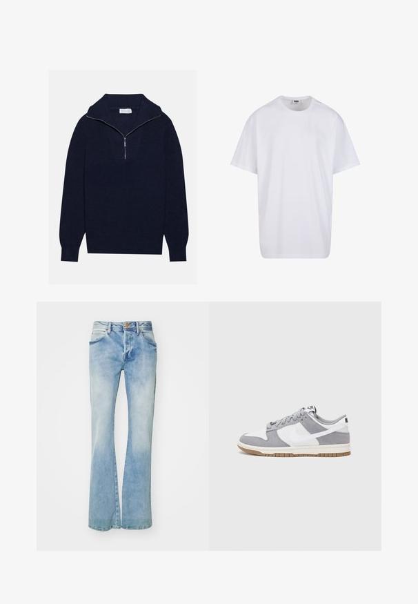 Tamsiai mėlynas megztinis su pusiau užtrauktuku, su įribuoto paviršiaus tekstūra ir V formos dizainu priekyje. Ilgos rankovės ir prigludęs apatinis kraštas.; Balta medvilninė marškinėlių užsagėlė su trumpomis rankovėmis, apvaliu kaklu, laisva forma ir be matomų logotipų ar raštų. Lygi tekstūra ir minimalus dizainas.; Šviesiai mėlyni platesni džinsai pagaminti iš džinsinio audinio, su blukinta apdaila, priekinėmis kišenėmis, diržo kilpomis ir varinės spalvos sagtele.; Pilka ir balta sportinė avalynė su zomšiniu ir odiniu viršumi, suapvalintu pirštu, plokščiomis raištelėmis ir guminėmis padais su guminiu akcentu.