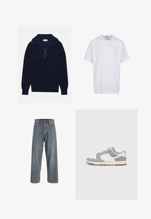 Granatowy sweter wełniany z połową suwaka, z prążkowaną fakturą i V-kształtnym wzorem z przodu. Długie rękawy i dopasowany dół.; Biała bawełniana koszulka z krótkimi rękawami, okrągłym dekoltem, luźnym krojem i bez widocznych logo lub wzorów. Gładka tekstura i minimalistyczny design.; Jasnoniebieskie dżinsowe spodnie o szerokich nogawkach z wysokim stanem, pięcioma kieszeniami i widocznym przeszyciem. Miękka tekstura o lekko wyblakłym wyglądzie.; Sneakersy Nike mają szarą cholewkę z zamszu i białej skóry z perforacjami, okrągłe sznurowadła oraz gumową podeszwę zapewniającą przyczepność.