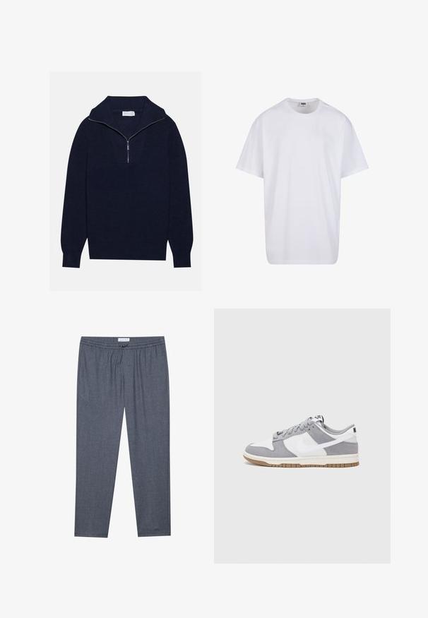 Maglione a maglia blu navy con colletto a mezza zip, caratterizzato da una texture a coste e un design a forma di V nella parte anteriore. Maniche lunghe e orlo aderente.; Maglietta bianca in cotone con maniche corte, scollatura rotonda, vestibilità comoda e senza loghi o motivi visibili. Texture liscia e design minimale.; Pantaloni grigi a gamba dritta con vita a cordoncino e una leggera trama. Il tessuto sembra morbido e confortevole, adatto per un abbigliamento casual.; Le sneakers Nike presentano una tomaia in camoscio grigio e pelle bianca con perforazioni, lacci rotondi e una suola in gomma per una migliore aderenza.