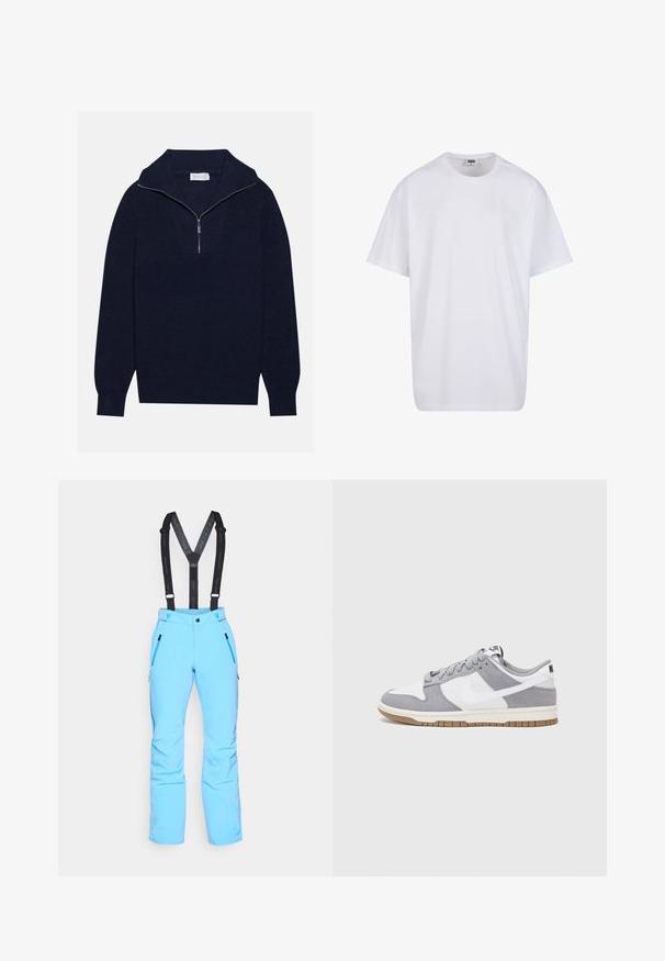 Dunkelblaues Strickpullover mit einem halben Reißverschluss-Kragen, der eine gerippte Textur und ein V-förmiges Design auf der Vorderseite bietet. Lange Ärmel und taillierter Saum.; Weiße Baumwoll-T-Shirt mit kurzen Ärmeln, rundem Ausschnitt, lockerer Passform und ohne sichtbare Logos oder Muster. Glatte Textur und minimalistisches Design.; Himmelblaue Skihosen mit schwarzen verstellbaren Trägern, Reißverschlusstaschen und schmaler Passform. Hergestellt aus strapazierfähigem, wetterfestem Material.; Nike-Sneaker verfügen über ein graues Wildleder- und weißes Lederoberteil mit Perforationen, runden Schnürsenkeln und einer Gummisohle für besseren Halt.