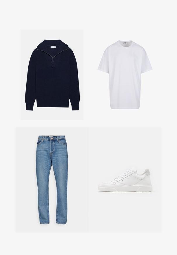 Maglione a maglia blu navy con colletto a mezza zip, caratterizzato da una texture a coste e un design a forma di V nella parte anteriore. Maniche lunghe e orlo aderente.; Maglietta bianca in cotone con maniche corte, scollatura rotonda, vestibilità comoda e senza loghi o motivi visibili. Texture liscia e design minimale.; Jeans in denim azzurro chiaro con un design a gamba dritta, dotati di chiusura a bottone, cinque tasche e dettagli di scolorimento sottili.; Sneaker bianche in pelle con finitura liscia, punta arrotondata, lacci piatti e suola texturizzata. Accento in suede grigio sul tallone.