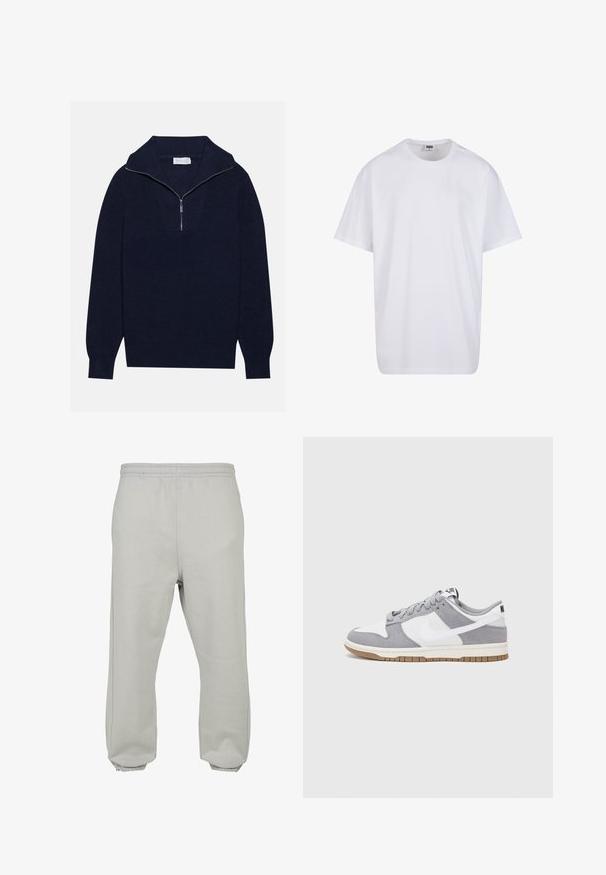 Marineblå strikkegenser med halv-zip krage, med ribbet tekstur og et V-formet design på forsiden. Lange ermer og tettsittende kant.; Hvit bomull t-skjorte med korte ermer, rund utringning, avslappet passform, og ingen synlige logoer eller mønstre. Glatt tekstur og minimalistisk design.; Lys grå joggebukser laget av myk stof, med elastisk midje, innsnevrede ben og ribbestrikkede mansjetter for en behagelig passform.; Grå og hvite sneakers med overdel i semsket skinn og lær, rund tå, flate lisser, og gummisåle med gummibelegg.