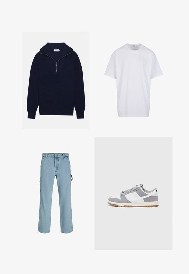 Tumed sinise kudumisega sviiter poole luku kaelusega, mis sisaldab ribakujulist tekstuuri ja V-kujulist disaini esiosas. Pikad varrukad ja kitsasäär.; Valge puuvillane t-särk lühikeste varrukatega, ümmarguse kaelusega, lõdva lõikega ja ilma nähtavate logodeta või mustriteta. Sile tekstuur ja minimaalne disain.; Heledad sinine teksariidest cargo püksid lõdva istumisega, millel on külgsuunalised kinnitusaasad ja eesmine taskud, demonstreerides kulunud tekstuuri.; Halli ja valge tennis鞋, millel on nubuk- ja nahkdetailid, ümar varvas, lamedad nöörid ning kummist tald, millel on kola aktsent.