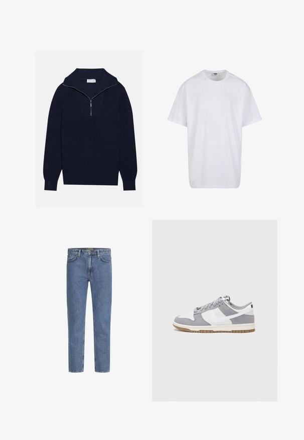 Námornícky modrý pletený sveter s polozipsom, s rebrovanou textúrou a V-tvarom na prednej strane. Dlhé rukávy a priliehavý lem.; Biela bavlnená tričko s krátkymi rukávmi, okrúhlym výstrihom, uvoľneným strihom a žiadnymi viditeľnými logami alebo vzormi. Hladká textúra a minimálny dizajn.; Svetlomodré rifle z denimu so strihom na priamu nohu, piatimi vreckami a kontrastnými stehmi. Jemne vyblednuté pre opotrebovaný vzhľad. Masívny kovový gombík.; Sivé a biele tenisky s vrchom z semišu a kože, zaoblenou špičkou, plochými šnúrkami a gumovou podrážkou s akcentom vo farbe gumy.