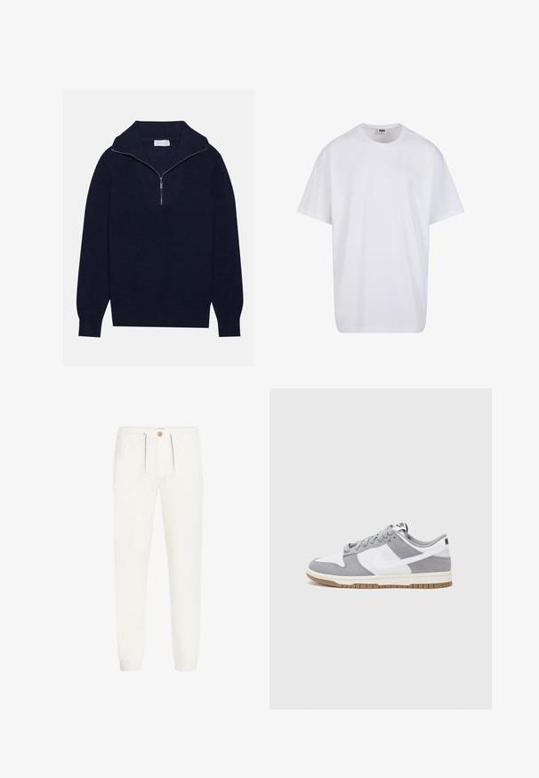 Dunkelblaues Strickpullover mit einem halben Reißverschluss-Kragen, der eine gerippte Textur und ein V-förmiges Design auf der Vorderseite bietet. Lange Ärmel und taillierter Saum.; Weiße Baumwoll-T-Shirt mit kurzen Ärmeln, rundem Ausschnitt, lockerer Passform und ohne sichtbare Logos oder Muster. Glatte Textur und minimalistisches Design.; Weiße, leichte Hose aus weichem Stoff. Verfügt über einen elastischen Bund mit Kordelzug, einen Knopfverschluss und gerippte Bündchen.; Graue und weiße Sneaker mit einem Obermaterial aus Wildleder und Leder, abgerundeter Spitze, flachen Schnürsenkeln und einer Gummisohle mit einem Kautschukakzent.