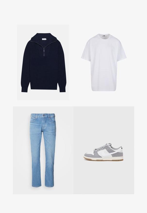 Pull en maille bleu marine avec un col zippé à moitié, présentant une texture côtelée et un design en V sur le devant. Manches longues et ourlet ajusté.; T-shirt en coton blanc avec des manches courtes, un col rond, une coupe décontractée et sans logos ni motifs visibles. Texture lisse et design minimaliste.; Jean droit bleu clair en denim, doté de cinq poches, d'une fermeture à bouton et de dégradés subtils pour ajouter de la texture. Pas de marque visible.; Baskets grises et blanches avec un dessus en suède et cuir, bout rond, lacets plats et semelle en caoutchouc avec une touche de gomme.