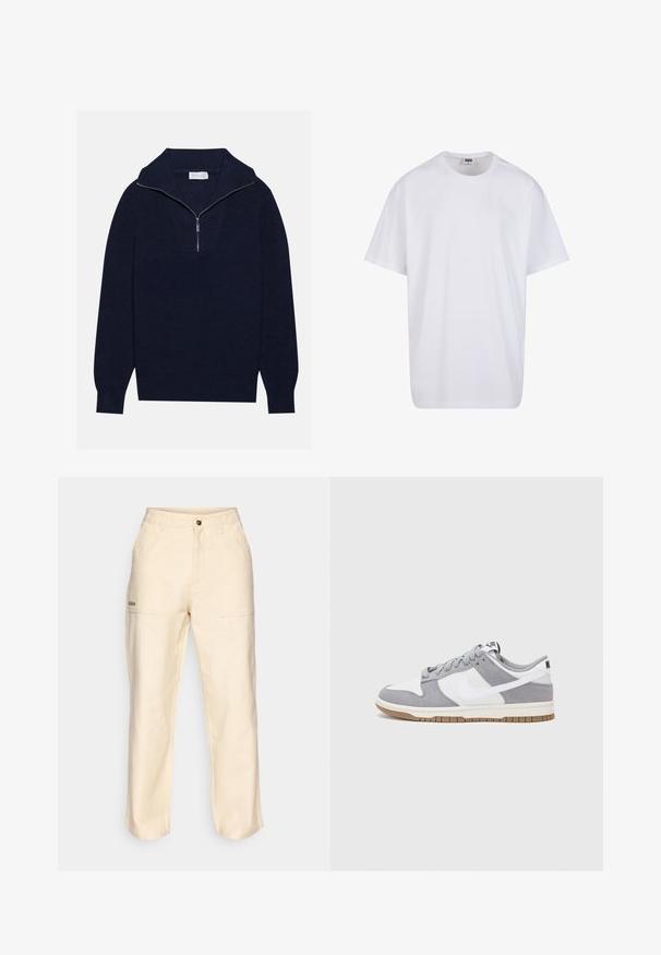 Mörkblå stickad tröja med halvdragkedja i kragen, med ribbad textur och ett V-format mönster på framsidan. Långa ärmar och figursydd nederkant.; Vit bomull t-shirt med korta ärmar, rundad halsringning, avslappnad passform och utan synliga logotyper eller mönster. Slät textur och minimal design.; Beige högmidjade byxor med framfickor, bälteshyskor, knappstängning och subtil broderad logotyp på vänster ficka.; Nike-sneakers har en grå mocka- och vit läderoverdel med perforeringar, runda snören och en sula i gummi för grepp.