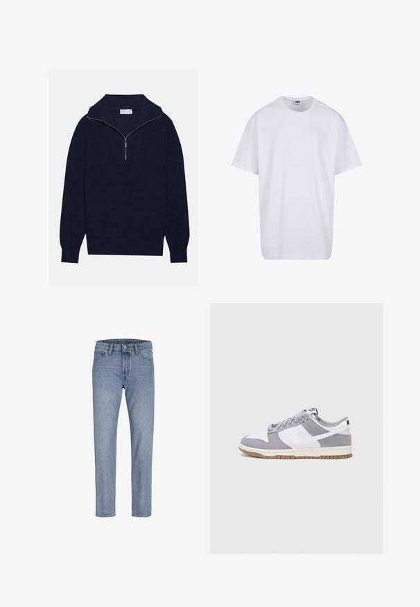 Pull en maille bleu marine avec un col zippé à moitié, présentant une texture côtelée et un design en V sur le devant. Manches longues et ourlet ajusté.; T-shirt en coton blanc avec des manches courtes, un col rond, une coupe décontractée et sans logos ni motifs visibles. Texture lisse et design minimaliste.; Jeans en denim bleu clair avec une coupe droite, design à cinq poches, coutures piquées et fermeture à bouton à la taille.; Les baskets Nike présentent une tige en daim gris et cuir blanc avec des perforations, des lacets ronds et une semelle en gomme pour une meilleure adhérence.