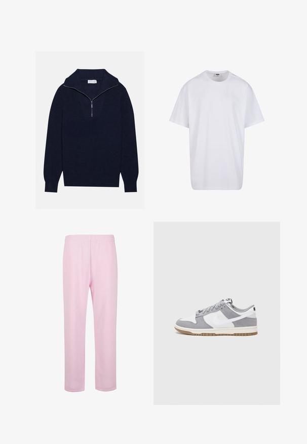 Mørkeblå striktrøje med halvlukket krave, med ripet tekstur og et V-formet design på forsiden. Lange ærmer og tætsiddende kanten.; Hvid bomulds t-shirt med korte ærmer, rund halsudskæring, afslappet pasform, og ingen synlige logoer eller mønstre. Glat tekstur og minimalistisk design.; Lyserøde sweatpants lavet af glat bomuldsstof. Har en elastisk talje og en lige, afslappet pasform. Ingen synlige lommer eller mønstre.; Nike-sneakers har en øverste del i gråt ruskind og hvidt læder med perforeringer, runde snørebånd og en gummisål for greb.