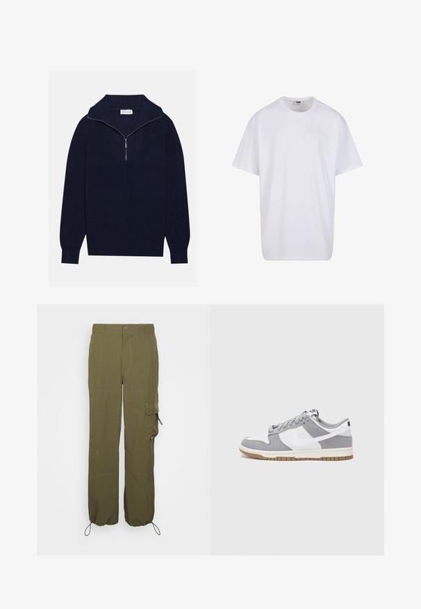 Námorně modrý pletený svetr s polo zipem na límci, s vroubkovanou texturou a V-šikmým designem na přední straně. Dlouhé rukávy a přiléhavý lem.; Bílé triko z bavlny s krátkým rukávem, kulatým výstřihem, volným střihem a bez viditelných log či vzorů. Hladká textura a minimalistický design.; Olivově zelené cargo kalhoty vyrobené z lehkého materiálu. Mezi vlastnosti patří zapínání na knoflík, boční kapsy a nastavitelné manžety se šňůrkami.; Šedé a bílé tenisky s svrškem z jemné kůže a kůže, kulatou špičkou, plochými tkaničkami a gumovou podrážkou s akcentem v barvě gumy.