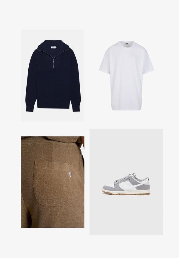 Merseyblu flettefleece med halv glidelås i kragen, med ribbestruktur og et V-formet design på forsiden. Lange ermer og tettsittende hem.; Valkoinen puuvillainen t-paita, jossa on lyhyet hihat, pyöreä kaula-aukko, rento istuvuus ja ei näkyviä logoja tai kuvioita. Sileä pinta ja minimaalinen muotoilu.; Lindbergh W. ELASTIC WAIST - Verryttelyhousut - dk stone; Niken tennarit on valmistettu harmaasta mokkanahasta ja valkoisesta nahasta, joissa on rei'itykset, pyöreät nauhat ja kumipohja pitoon.