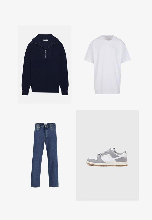 Tumed sinise kudumisega sviiter poole luku kaelusega, mis sisaldab ribakujulist tekstuuri ja V-kujulist disaini esiosas. Pikad varrukad ja kitsasäär.; Valge puuvillane t-särk lühikeste varrukatega, ümmarguse kaelusega, lõdva lõikega ja ilma nähtavate logodeta või mustriteta. Sile tekstuur ja minimaalne disain.; Tumed sinine teksapükste lõige on sirge, selgelt nähtava õmblusega ja viie taskuga disain; sisaldab luku ja nahast sildiga. ; Halli ja valge tennis鞋, millel on nubuk- ja nahkdetailid, ümar varvas, lamedad nöörid ning kummist tald, millel on kola aktsent.