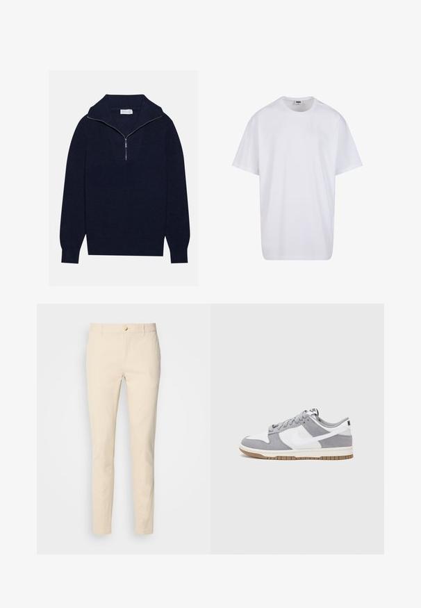 Námorně modrý pletený svetr s polo zipem na límci, s vroubkovanou texturou a V-šikmým designem na přední straně. Dlouhé rukávy a přiléhavý lem.; Bílé triko z bavlny s krátkým rukávem, kulatým výstřihem, volným střihem a bez viditelných log či vzorů. Hladká textura a minimalistický design.; Scotch & Soda ESSENTIAL MOTT - Chino kalhoty - parchment; Šedé a bílé tenisky s svrškem z jemné kůže a kůže, kulatou špičkou, plochými tkaničkami a gumovou podrážkou s akcentem v barvě gumy.