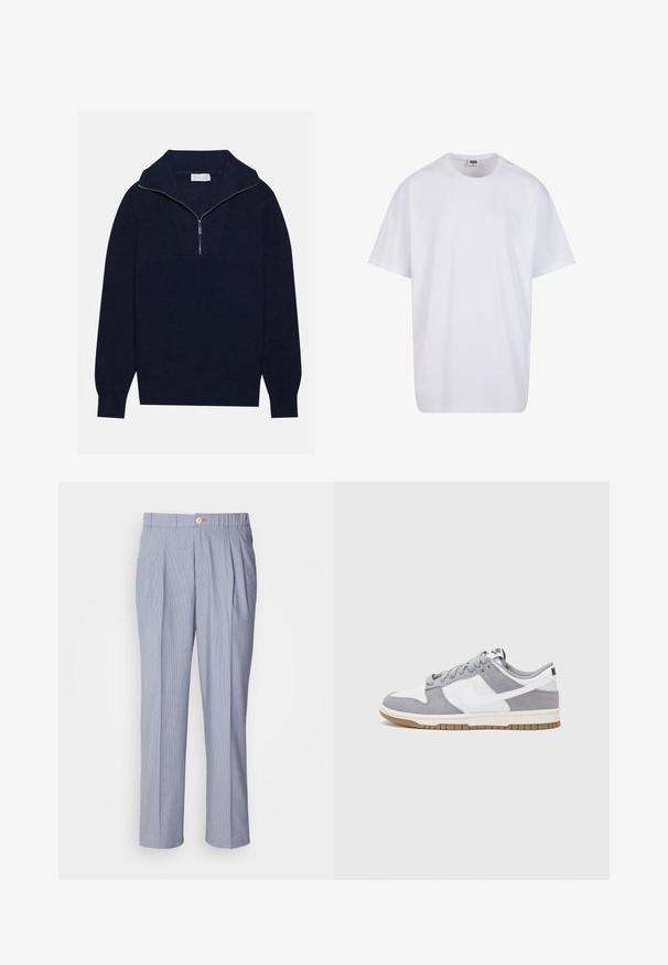 Pull en maille bleu marine avec un col zippé à moitié, présentant une texture côtelée et un design en V sur le devant. Manches longues et ourlet ajusté.; T-shirt en coton blanc avec des manches courtes, un col rond, une coupe décontractée et sans logos ni motifs visibles. Texture lisse et design minimaliste.; Pantalons rayés en bleu clair et blanc, dotés d'une fermeture à bouton, d'un devant plié et d'une coupe droite. Texture de tissu lisse.; Baskets grises et blanches avec un dessus en suède et cuir, bout rond, lacets plats et semelle en caoutchouc avec une touche de gomme.