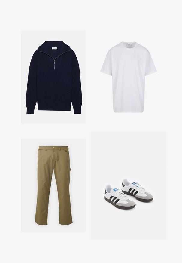Navy blue knit sweater with a half-zip collar, featuring ribbed texture and a V-shaped design on the front. Long sleeves and fitted hem.; White cotton t-shirt with short sleeves, rounded neckline, relaxed fit, and no visible logos or patterns. Smooth texture and minimal design.; Khaki pants made of smooth fabric, featuring a button closure, belt loops, two front pockets, and a side pocket, with straight leg design.; Sport shoes with a white leather upper, gray suede toe, and three black stripes. Features a blue logo on the tongue and a textured rubber sole.
