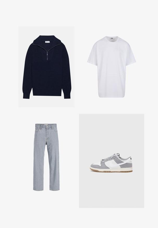 Tengerészkék kötött pulóver félcipzáros gallérral, bordás textúrával és V-alakú mintával az elején. Hosszú ujjú és testhez simuló szegéllyel rendelkezik.; Fehér pamut póló rövid ujjal, kerek nyakú, laza szabású, és nincsenek látható logók vagy minták. Simább textúra és minimalista dizájn.; Világoskék farmernadrág, laza szabású, egyenes lábú kialakítással, látható varrással, két elülső zsebbel és gombos záródással.; Szürke és fehér sportcipő, velúr és bőr felsőrésszel, kerek orral, lapos fűzőkkel és gumitalppal, amelyen rágógumi színű díszítés található.