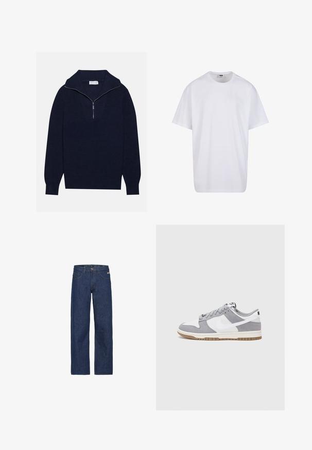 Navy blue knit sweater with a half-zip collar, featuring ribbed texture and a V-shaped design on the front. Long sleeves and fitted hem.; White cotton t-shirt with short sleeves, rounded neckline, relaxed fit, and no visible logos or patterns. Smooth texture and minimal design.; Dark blue denim jeans with a loose fit, featuring a button closure, belt loops, and front pockets. Textured fabric with subtle variations.; Nike sneakers feature a gray suede and white leather upper with perforations, round laces, and a gum sole for traction.