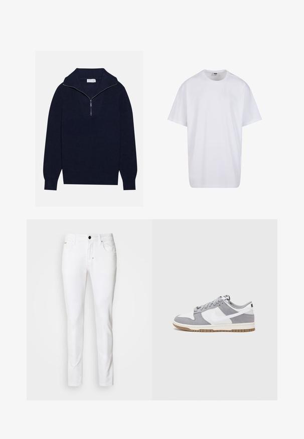 Tamsiai mėlynas megztinis su pusiau užtrauktuku, su įribuoto paviršiaus tekstūra ir V formos dizainu priekyje. Ilgos rankovės ir prigludęs apatinis kraštas.; Balta medvilninė marškinėlių užsagėlė su trumpomis rankovėmis, apvaliu kaklu, laisva forma ir be matomų logotipų ar raštų. Lygi tekstūra ir minimalus dizainas.; Balti džinsai su tiesiu kojų kirpimu, klasikinis penkių kišenių stilius, metalinė užsegimo mygtukas ir subtilūs siuvinėjimo detalės.; Pilka ir balta sportinė avalynė su zomšiniu ir odiniu viršumi, suapvalintu pirštu, plokščiomis raištelėmis ir guminėmis padais su guminiu akcentu.