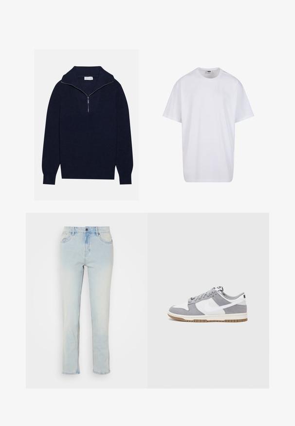 Tamsiai mėlynas megztinis su pusiau užtrauktuku, su įribuoto paviršiaus tekstūra ir V formos dizainu priekyje. Ilgos rankovės ir prigludęs apatinis kraštas.; Balta medvilninė marškinėlių užsagėlė su trumpomis rankovėmis, apvaliu kaklu, laisva forma ir be matomų logotipų ar raštų. Lygi tekstūra ir minimalus dizainas.; Šviesiai mėlynos džinsinės kelnės su tiesia kojų pjaustymu, turinčios priekinės kišenes, mygtuko užsegimą ir šiek tiek išblukusių detalių.; Nike sportbačiai turi pilką zomšinį ir baltą odinį viršų su perforacijomis, apvaliais raišteliais ir gumine padų danga sukibimui.