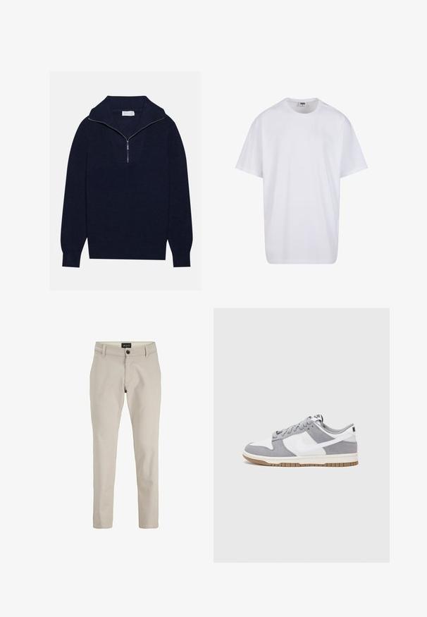Pull en maille bleu marine avec un col zippé à moitié, présentant une texture côtelée et un design en V sur le devant. Manches longues et ourlet ajusté.; T-shirt en coton blanc avec des manches courtes, un col rond, une coupe décontractée et sans logos ni motifs visibles. Texture lisse et design minimaliste.; Chinos en coton beiges avec un design à jambe droite, dotés d'une fermeture à bouton à l'avant et de passants de ceinture. Texture lisse, style minimaliste.; Baskets grises et blanches avec un dessus en suède et cuir, bout rond, lacets plats et semelle en caoutchouc avec une touche de gomme.