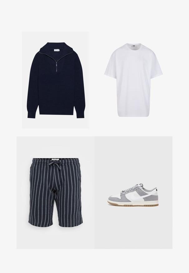 Pull en maille bleu marine avec un col zippé à moitié, présentant une texture côtelée et un design en V sur le devant. Manches longues et ourlet ajusté.; T-shirt en coton blanc avec des manches courtes, un col rond, une coupe décontractée et sans logos ni motifs visibles. Texture lisse et design minimaliste.; Shorts rayés bleu marine en tissu léger, avec une taille élastique dotée d'un cordon de serrage et des rayures verticales bleu clair.; Baskets grises et blanches avec un dessus en suède et cuir, bout rond, lacets plats et semelle en caoutchouc avec une touche de gomme.