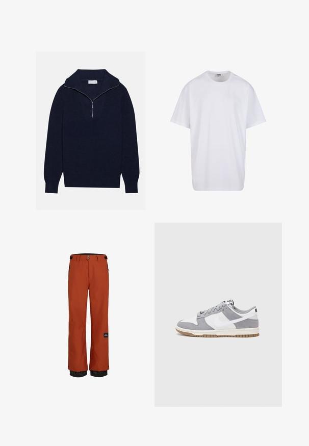 Marineblauwe gebreide trui met een halve ritssluiting, voorzien van een ribbelstructuur en een V-vormig ontwerp op de voorkant. Lange mouwen en een aansluitende zoom.; Witte katoenen t-shirt met korte mouwen, ronde hals, relaxte pasvorm en zonder zichtbare logo's of patronen. Gladde textuur en minimalistisch ontwerp.; Oranje waterdichte skibroek met een zwarte verstelbare tailleband, zijzakken en elastische manchetten voor temperatuurregulering.; Grijze en witte sneaker met een bovenwerk van suede en leer, ronde neus, platte veters en een rubberen zool met een gumaccent.