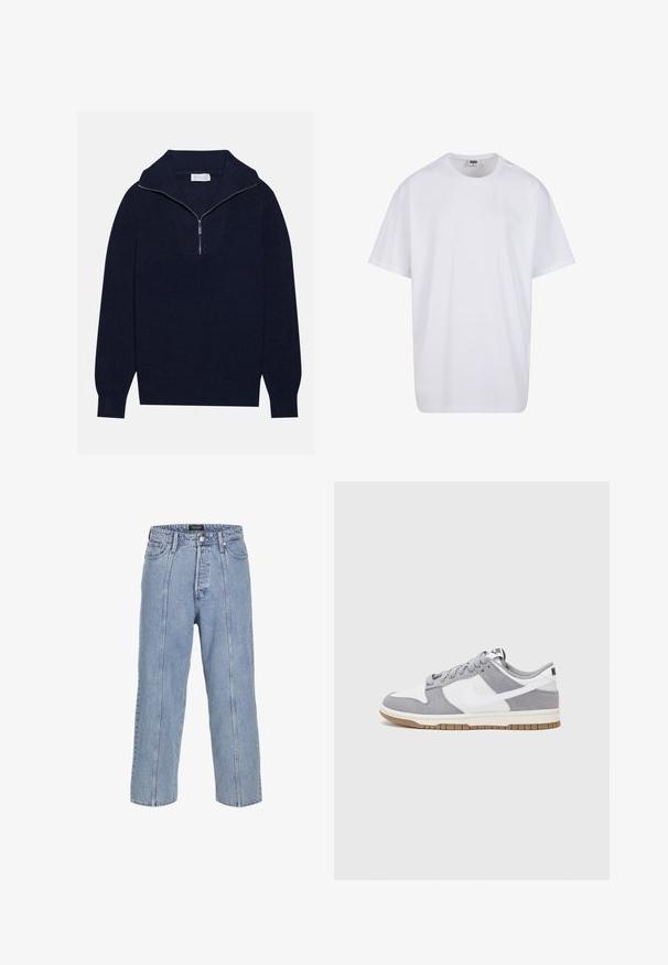 Tamsiai mėlynas megztinis su pusiau užtrauktuku, su įribuoto paviršiaus tekstūra ir V formos dizainu priekyje. Ilgos rankovės ir prigludęs apatinis kraštas.; Balta medvilninė marškinėlių užsagėlė su trumpomis rankovėmis, apvaliu kaklu, laisva forma ir be matomų logotipų ar raštų. Lygi tekstūra ir minimalus dizainas.; Šviesiai mėlynos džinsinės kelnės su laisvu siluetu, plačiomis kojomis ir matomomis siuvimo detalėmis. Turi mygtuką ir užtrauktuką, taip pat penkias kišenes.; Pilka ir balta sportinė avalynė su zomšiniu ir odiniu viršumi, suapvalintu pirštu, plokščiomis raištelėmis ir guminėmis padais su guminiu akcentu.