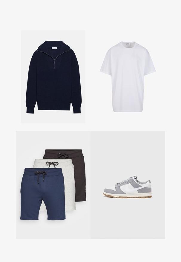 Mornarčasto plavi pleteni pulover s polu-zip ovratnikom, s rebrastom teksturom i dizajnom u obliku slova V na prednjoj strani. Dugi rukavi i prilagođeni rub.; Bijela pamučna majica s kratkim rukavima, zaobljenim izrezom, opuštenog kroja, bez vidljivih logotipa ili uzoraka. Glatka tekstura i minimalni dizajn.; Set od tri para kratkih hlača: mornarsko plava, svijetlosiva i tamnosiva. Izrađene od mekog materijala s elastičnim pojasom i vezicama.; Nike tenisice imaju gornji dio od sive brušene kože i bijele kože s perforacijama, okrugle vezice i gumeni potplat za prianjanje.