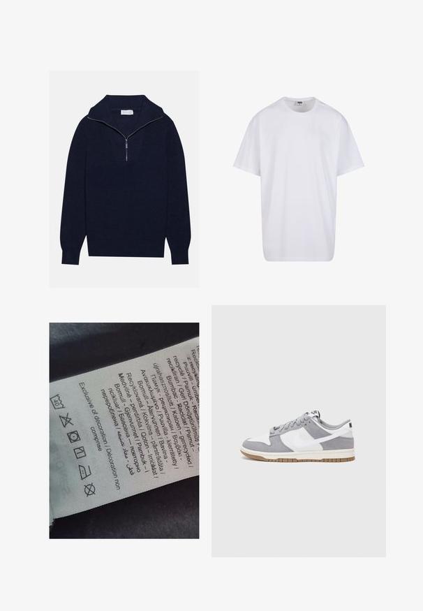 Mornarsko modra pletena pulover s polovico zadrge, ki se ponaša z rebrasto strukturo in V-obliko na sprednji strani. Dolgi rokavi in prilagojen rob.; Bela bombažna majica s kratkimi rokavi, okroglim izrezom, sproščenim krojem in brez vidnih logotipov ali vzorcev. Gladka tekstura in minimalen dizajn.; Oznaka s večjezičnim besedilom, simboli za nego in ikonami za recikliranje, tiskana na mehkem tkaninskem materialu svetle barve.; Sive in bele teniske s suknim in usnjem zgornjim delom, zaobljenim nosom, ravnimi vezalkami in gumijastim podplatom z dodatkom gumijaste barve.