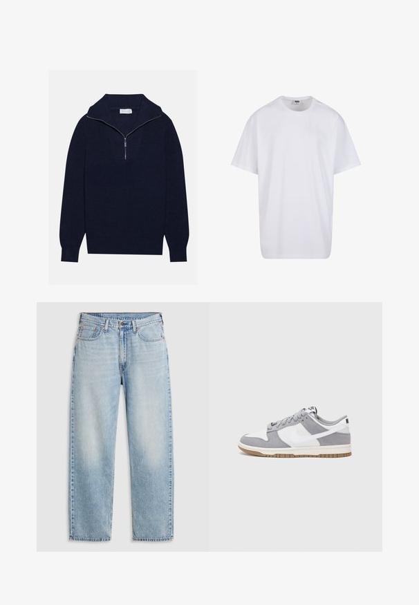 Suéter de punto azul marino con cuello de media cremallera, que presenta una textura acanalada y un diseño en forma de V en la parte delantera. Manga larga y dobladillo ajustado.; Camiseta blanca de algodón con mangas cortas, cuello redondo, corte relajado y sin logotipos ni patrones visibles. Textura suave y diseño minimalista.; Jeans rectos de color azul claro con cinco bolsillos, cierre de botón de metal y detalles deslavados en los muslos y las rodillas, dispuestos sobre un fondo blanco.; Las zapatillas Nike presentan una parte superior de ante gris y cuero blanco con perforaciones, cordones redondos y una suela de goma para tracción.