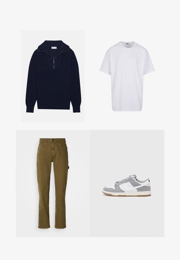 Pulover tricotat de culoare albastru marin, cu guler cu jumătate de fermoar, având o textură ribbed și un design în formă de V pe față. Mâneci lungi și tiv ajustat.; Tricou alb din bumbac cu mâneci scurte, decolteu rotund, croială lejeră și fără logo-uri sau modele vizibile. Textură netedă și design minimalist.; Pantaloni din bumbac verde măsliniu, cu un croi drept, având închidere cu buton în față și buzunare laterale. Textură fină și design simplu.; Sneaker gri și alb, cu un superior din suede și piele, vârf rotund, șireturi plate și o talpă din cauciuc ce prezintă un accent de culoare gum.