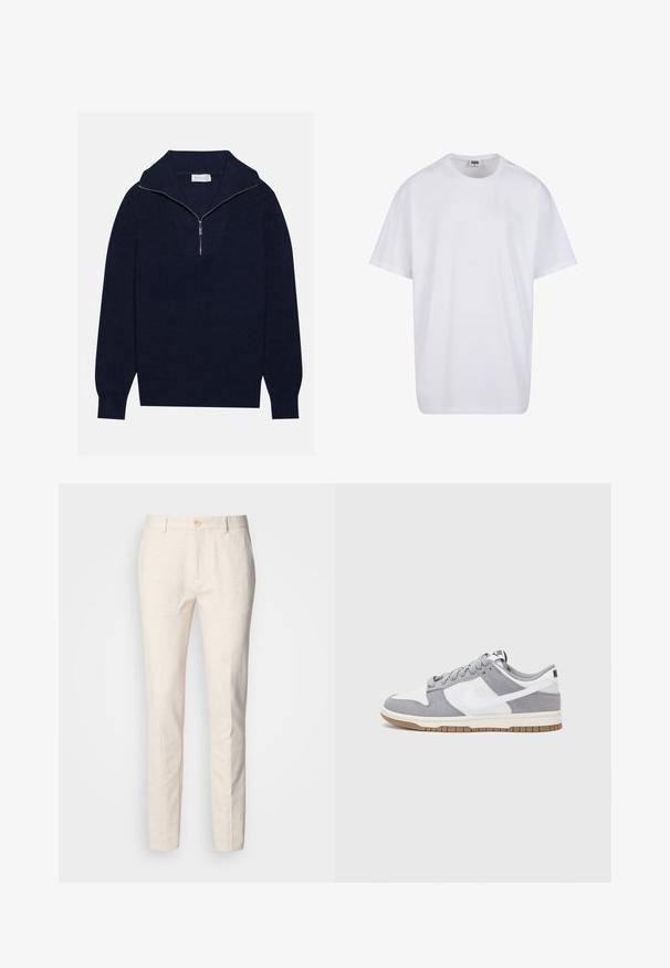 Merseyblu flettefleece med halv glidelås i kragen, med ribbestruktur og et V-formet design på forsiden. Lange ermer og tettsittende hem.; Valkoinen puuvillainen t-paita, jossa on lyhyet hihat, pyöreä kaula-aukko, rento istuvuus ja ei näkyviä logoja tai kuvioita. Sileä pinta ja minimaalinen muotoilu.; Vaaleanbeige, muotoillut housut, jotka on valmistettu pehmeästä kankaasta. Varustettu napp closurella, vyölenkeillä ja kapealla, suoralinjaisella designilla, jossa on minimaalinen kuvio.; Harmaa ja valkoinen lenkkari, jossa on mokka- ja nahkapinta, pyöreä kärki, litteät nauhat ja kumipohja, jossa on vaahtomuoviväri.