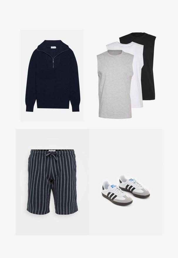 Námornícky modrý pletený sveter s polozipsom, s rebrovanou textúrou a V-tvarom na prednej strane. Dlhé rukávy a priliehavý lem.; Tričko bez rukávov v šedé, bílé a černé barvě. Měkký bavlněný materiál s kulatým výstřihem a volným střihem. Jednoduchý design, bez vzorů.; Pruhované nohavice námorníckej modrej farby vyrobené z ľahkého materiálu, s elastickým pásom a šnúrkou, a s vertikálnymi svetlomodrými pruhmi.; Športové topánky s bielym koženým zvrškom, šedou semišovou špičkou a tromi čiernymi pruhmi. Obsahujú modré logo na jazyku a štruktúrovanú gumovú podrážku.