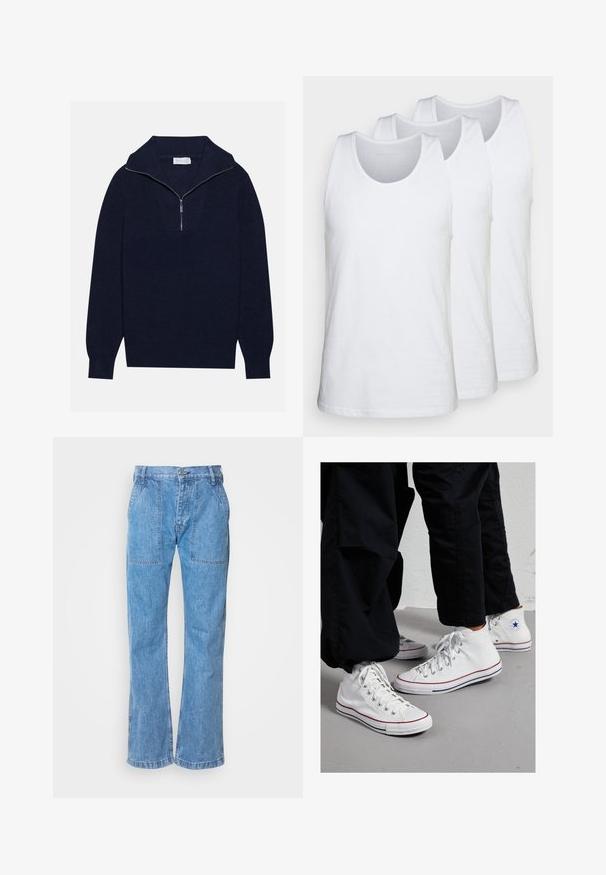 Maglione a maglia blu navy con colletto a mezza zip, caratterizzato da una texture a coste e un design a forma di V nella parte anteriore. Maniche lunghe e orlo aderente.; Pacco di tre canottiere bianche in cotone, con scollatura rotonda e design senza maniche, superficie liscia e vestibilità standard.; Jeans in denim azzurro chiaro con vestibilità rilassata, dotati di due tasche frontali, chiusura a bottone e dettagli di cucitura visibili.; Sneakers alte in tela bianca con suola in gomma, dotate di occhielli in argento e strisce rosse e blu lungo la suola.