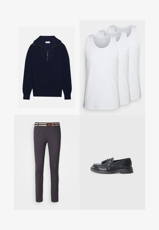 Pull en maille bleu marine avec un col zippé à moitié, présentant une texture côtelée et un design en V sur le devant. Manches longues et ourlet ajusté.; Lot de trois débardeurs blancs en coton, avec un col rond et une coupe sans manches, texture lisse et coupe standard.; Chinos gris foncé avec une coupe slim, dotés d'une ceinture en tissu rayé avec une boucle en métal rond et des accents en cuir marron.; Mocassins en cuir noir avec un bout arrondi, une sangle ornée de pompons et une semelle épaisse dotée d'un motif de traction. Texture lisse et design classique.