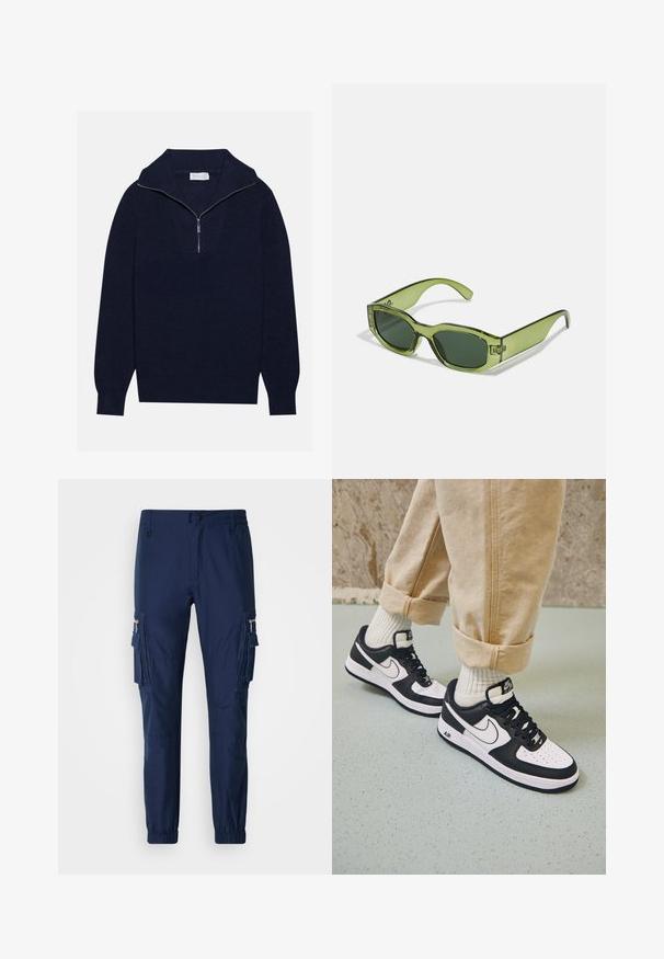 Tengerészkék kötött pulóver félcipzáros gallérral, bordás textúrával és V-alakú mintával az elején. Hosszú ujjú és testhez simuló szegéllyel rendelkezik.; Három darab fehér pamut ujjatlan felső, kerek nyakkivágással, sima tapintással és standard szabással.; Könnyű anyagból készült tengerészeti cargo nadrág, oldalsó zsebekkel, rugalmassal rendelkező mandzsettákkal és cipzáras zsebdísszel.; Fekete-fehér Nike Air Force 1 sportcipők, bőrből készült felső résszel, perforált orral és texturált talprészes részlettel, bézs nadrágba felgöngyölítve és fehér zoknival viselve.; Zöld, áttetsző napszemüveg téglalap alakú kerettel, sötétzöld lencsékkel és logóval az oldalon. Sima felület és modern dizájn.