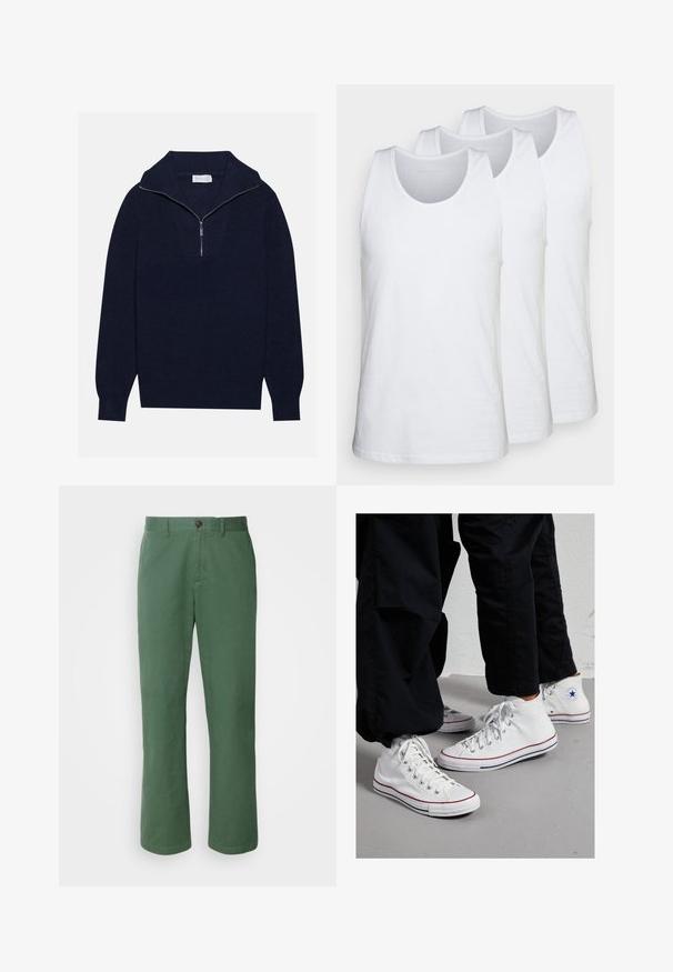 Navy blue knit sweater with a half-zip collar, featuring ribbed texture and a V-shaped design on the front. Long sleeves and fitted hem.; Pack of three white tank tops made of cotton, featuring a rounded neckline and sleeveless design, smooth texture, and standard fit.; Green cotton trousers with a straight leg design, featuring a front button closure and subtle texture. No visible patterns or accents.; White canvas high-top sneakers with a rubber sole, featuring silver eyelets and red and navy stripes along the sole.