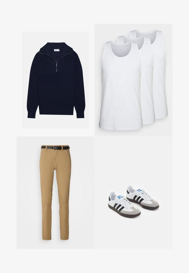 Tengerészkék kötött pulóver félcipzáros gallérral, bordás textúrával és V-alakú mintával az elején. Hosszú ujjú és testhez simuló szegéllyel rendelkezik.; Három darab fehér pamut ujjatlan felső, kerek nyakkivágással, sima tapintással és standard szabással.; Karcsúsított szabású khaki nadrág, sima anyagból készült. Fekete öv, két elülső zseb és egyenes fazon jellemzi.; Fehér bőr felsőrészes sportcipő, szürke velúrból készült orral és három fekete csíkkal. Jellemzője a kék logó a nyelvén és egy texturált gumitalp.