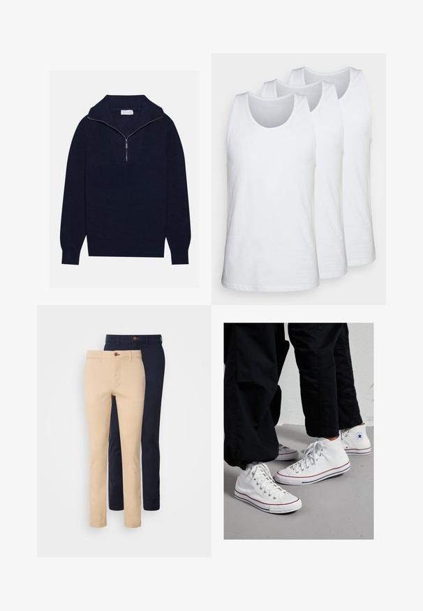 Dunkelblaues Strickpullover mit einem halben Reißverschluss-Kragen, der eine gerippte Textur und ein V-förmiges Design auf der Vorderseite bietet. Lange Ärmel und taillierter Saum.; Drei weiss Tanktops aus Baumwolle, mit rundem Halsausschnitt und ärmellosem Design, glatter Textur und normaler Passform.; Beige und marineblaue Chino-Hosen mit schmaler Passform, glatter Baumwollqualität, Fronttaschen und Knopfverschluss.; Weiße Canvas High-Top-Sneaker mit Gummisohle, ausgestattet mit silbernen Ösen und roten sowie marineblauen Streifen entlang der Sohle.