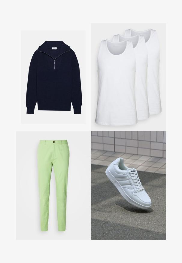 Maglione a maglia blu navy con colletto a mezza zip, caratterizzato da una texture a coste e un design a forma di V nella parte anteriore. Maniche lunghe e orlo aderente.; Pacco di tre canottiere bianche in cotone, con scollatura rotonda e design senza maniche, superficie liscia e vestibilità standard.; Pantaloni di cotone verde chiaro a vestibilità slim, con chiusura a un solo bottone marrone e tasche standard, texture liscia e senza fantasie.; Sneaker sportivo bianco con tomaia in pelle liscia, chiusura con lacci, punta perforata e suola decorata. Design minimalista con tre strisce laterali.