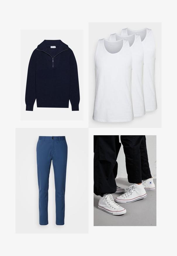 Maglione a maglia blu navy con colletto a mezza zip, caratterizzato da una texture a coste e un design a forma di V nella parte anteriore. Maniche lunghe e orlo aderente.; Pacco di tre canottiere bianche in cotone, con scollatura rotonda e design senza maniche, superficie liscia e vestibilità standard.; Chinos in cotone blu navy con una vestibilità slim; presentano una vita standard, tasche anteriori e una chiusura a un solo bottone. Texture morbida.; Sneakers alte in tela bianca con suola in gomma, dotate di occhielli in argento e strisce rosse e blu lungo la suola.