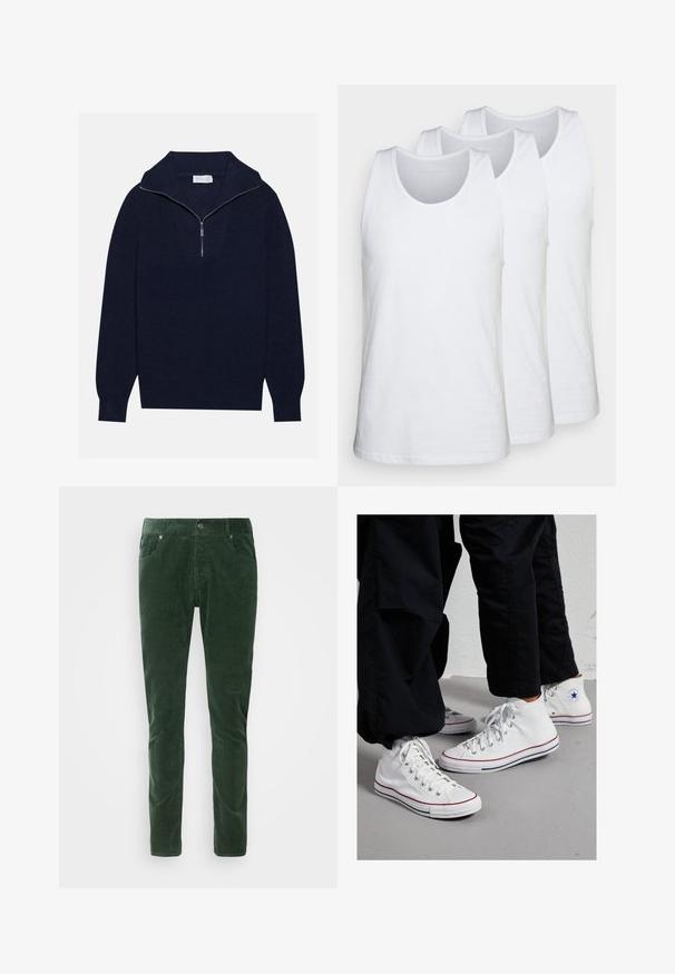 Dunkelblaues Strickpullover mit einem halben Reißverschluss-Kragen, der eine gerippte Textur und ein V-förmiges Design auf der Vorderseite bietet. Lange Ärmel und taillierter Saum.; Drei weiss Tanktops aus Baumwolle, mit rundem Halsausschnitt und ärmellosem Design, glatter Textur und normaler Passform.; Grüne Cordhosen mit geradem Schnitt. Verfügt über fünf Taschen, Knopfverschluss aus Metall und gerippte Textur. Maschinenwaschbar.; Weiße Canvas High-Top-Sneaker mit Gummisohle, ausgestattet mit silbernen Ösen und roten sowie marineblauen Streifen entlang der Sohle.