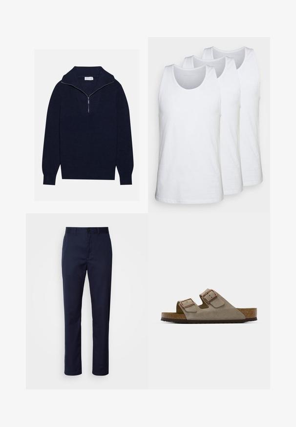 Maglione a maglia blu navy con colletto a mezza zip, caratterizzato da una texture a coste e un design a forma di V nella parte anteriore. Maniche lunghe e orlo aderente.; Pacco di tre canottiere bianche in cotone, con scollatura rotonda e design senza maniche, superficie liscia e vestibilità standard.; Pantaloni blu navy realizzati in cotone misto. Presentano una gamba dritta, una vita con passanti per cintura e una chiusura frontale con bottone.; Infradito in suede grigio chiaro con due fibbie regolabili, un sottopiede in sughero e una suola in gomma strutturata.