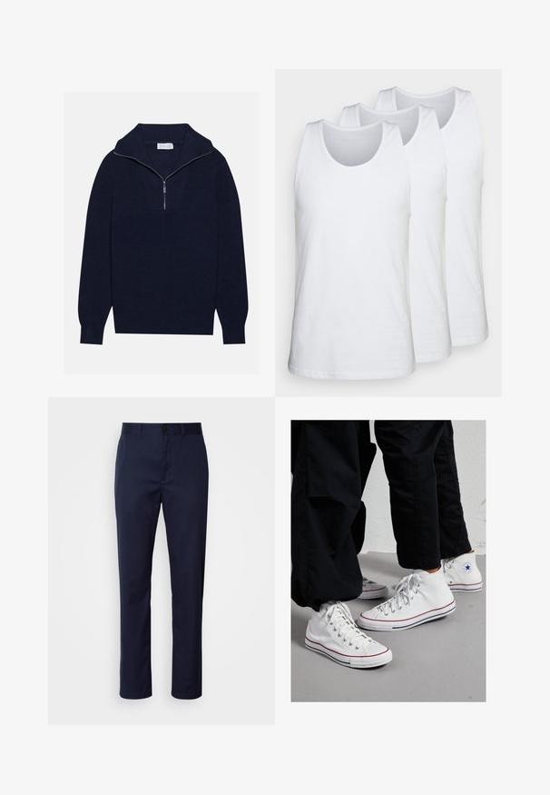 Navy blue knit sweater with a half-zip collar, featuring ribbed texture and a V-shaped design on the front. Long sleeves and fitted hem.; Pack of three white tank tops made of cotton, featuring a rounded neckline and sleeveless design, smooth texture, and standard fit.; Navy blue trousers made of cotton blend. Features a straight leg, a waistband with a belt loop, and a front button closure.; White canvas high-top sneakers with a rubber sole, featuring silver eyelets and red and navy stripes along the sole.