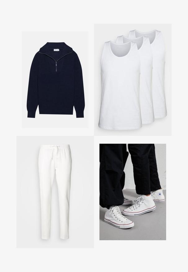 Pull en maille bleu marine avec un col zippé à moitié, présentant une texture côtelée et un design en V sur le devant. Manches longues et ourlet ajusté.; Lot de trois débardeurs blancs en coton, avec un col rond et une coupe sans manches, texture lisse et coupe standard.; INDICODE JEANS Pantalon classique - offwhite; Baskets montantes en toile blanche avec une semelle en caoutchouc, dotées d'œillets en métal argenté et de rayures rouges et bleues marines le long de la semelle.
